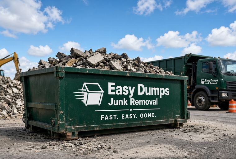 Roll-off container heaped with broken concrete rubble beside an excavator on a demolition site
