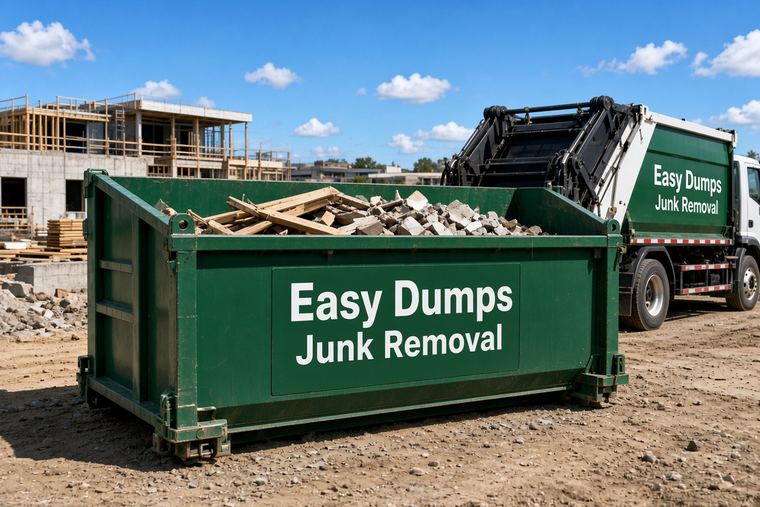 Green roll-off container holding timber offcuts and broken concrete at a construction site, with a collection truck alongside