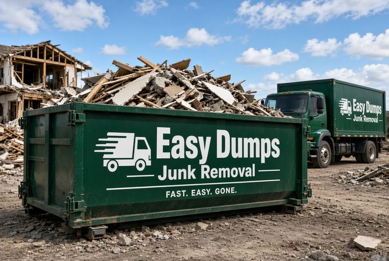 Roll-off container filled with mixed demolition debris in front of a partly demolished house