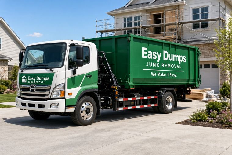 Easy Dumps hook-lift truck delivering a green roll-off container to a house under construction