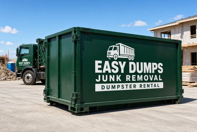 Clean green Easy Dumps roll-off container on a concrete pad with the service truck parked behind