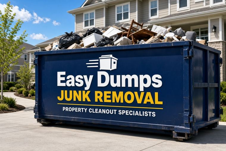 Easy Dumps Junk Removal roll-off container filled with household furniture, bagged waste and cabinetry on a residential driveway