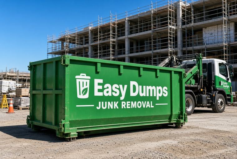 Green Easy Dumps roll-off container beside a hook-lift truck at a multi-storey building under construction