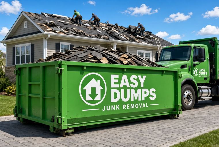 Roll-off container filled with torn-off asphalt shingles while roofers strip the remaining roof behind it